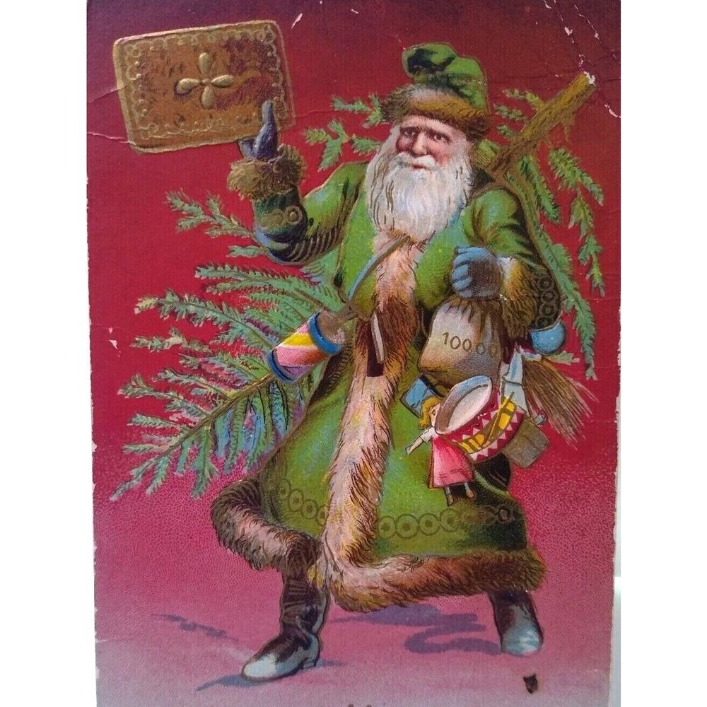 Santa Claus Green Suit Coat Christmas Postcard Old World Unused Germany